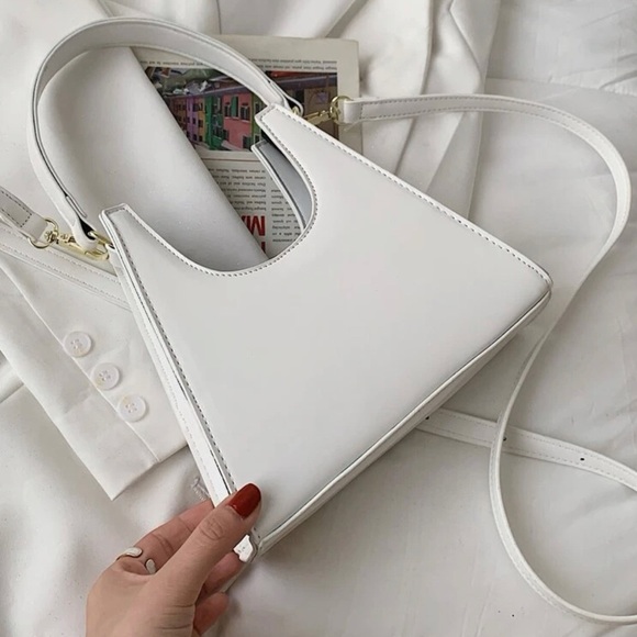 NWOT Faux Leather White Adjustable Mini Minimalist Satchel Bag with Top Handle - Picture 3 of 7